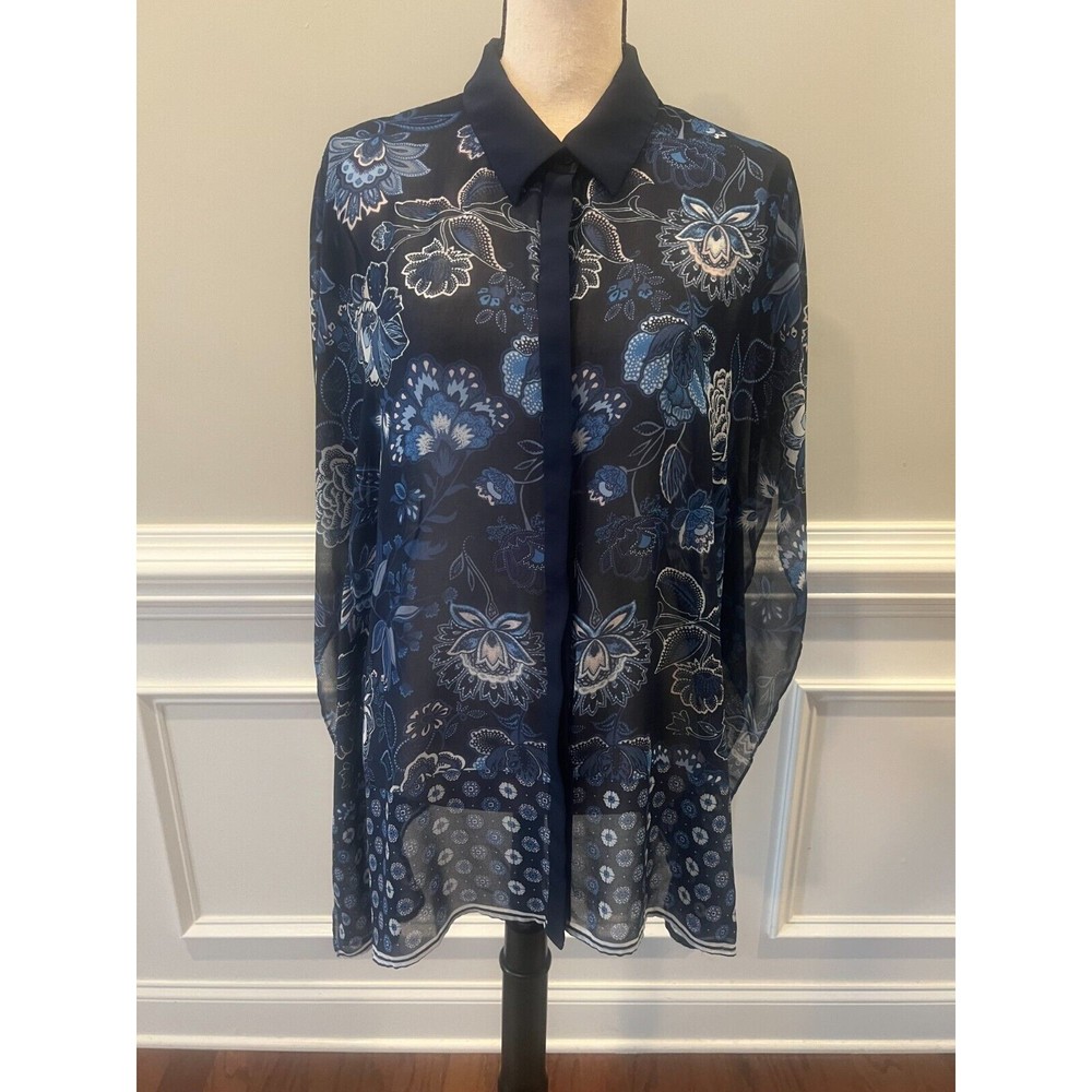 Adrianna Papell Kaftan Style Bloue Sheer Navy Floral Size M